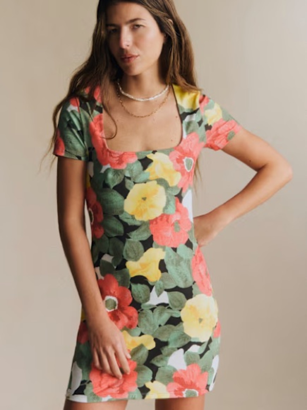 Sézane Floral Square-Neck Short Sleeve Dress